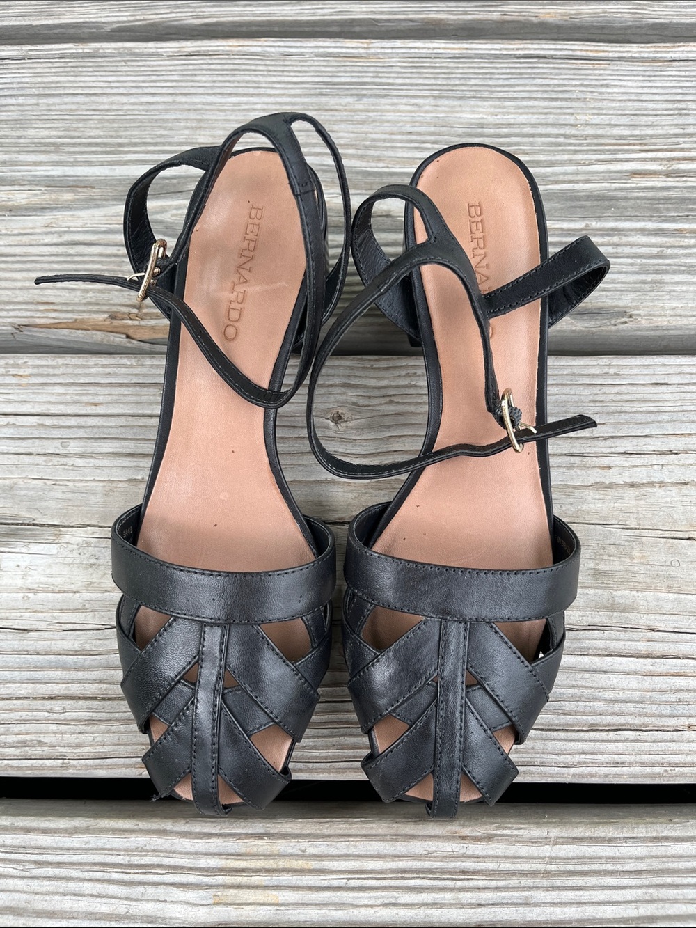 Bernardo Black Woven Leather Ankle-Strap Sandals